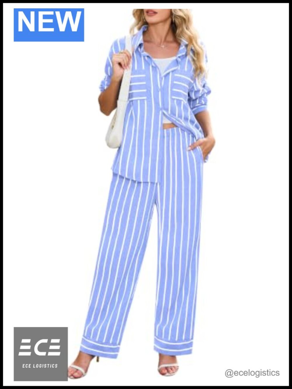 Striped Cotton Blend 2 Piece Lounge Set Button Down Shirt Wide Leg Pants